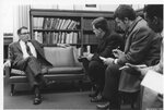 Clark University President Frederick H. Jackson being interviewed about Black Student Union sit-in, February 20,1969 by Clark University
